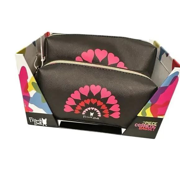 NIB French Bull 2 Piece Black and Pink Cosmetic Bag Set Heart Graphics - Picture 5 of 7